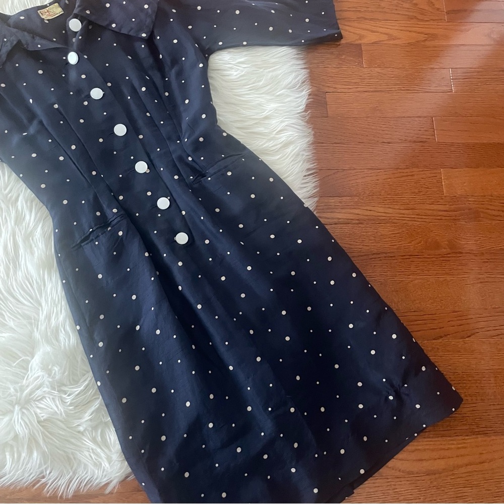 R&K Original Circa 1950's Lucy sweep navy/white polka dot dress button details